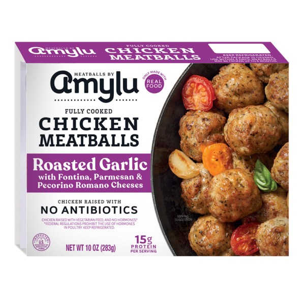 Amylu Roasted Garlic with Fontina, Parmesan & Pecorino Romano Cheese Chicken Meatballs, 2 lbs