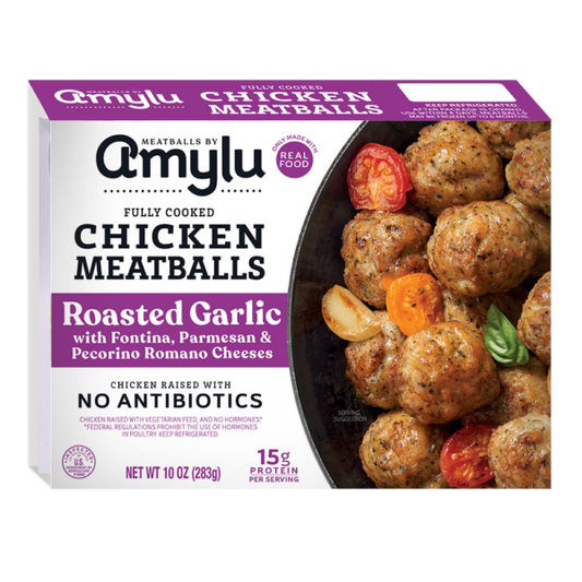 Amylu Roasted Garlic with Fontina, Parmesan & Pecorino Romano Cheese Chicken Meatballs, 2 lbs